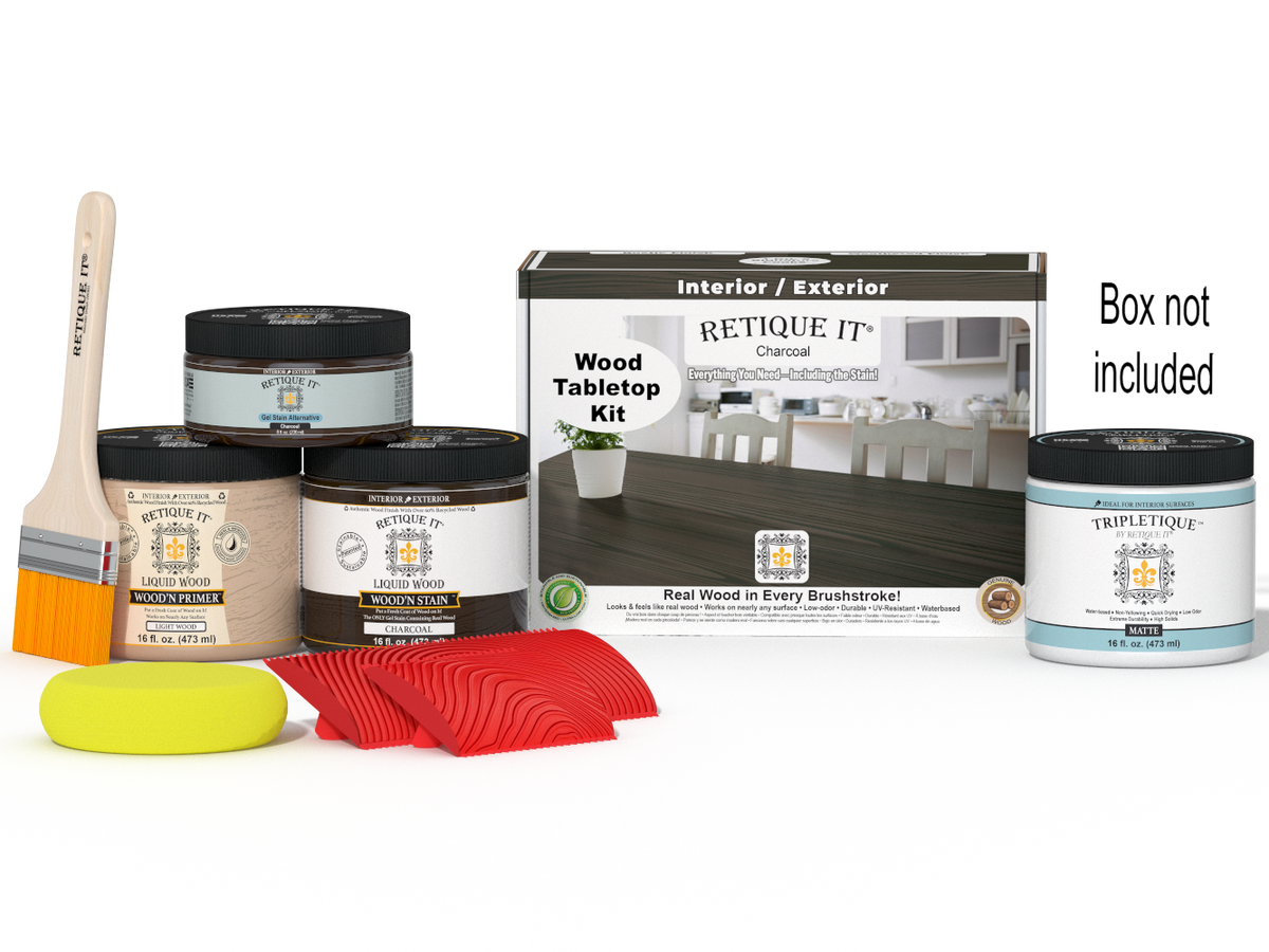 Retique It® Wood'n Finish Kit double size in Charcoal stain, featuring staining tools and supplies for wood finishing projects.