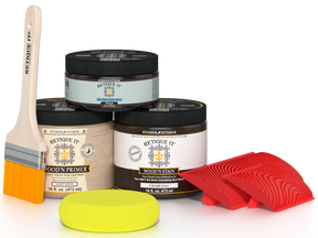 Retique It® Fireplace Wood'n Finish Kit in Charcoal for full fireplaces, includes stains and tools for a charcoal-colored wood finish.