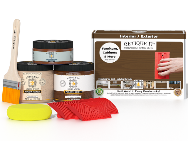 Retique It Wood'n Finish Kit in Vintage Cherry for multi-purpose wood finishing, medium size, includes wood stain and sealant.