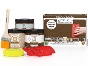 Retique It® Wood'n Finish Kit in Vintage Cherry, medium-sized for wood furniture restoration, showing wood stain and finishing supplies.