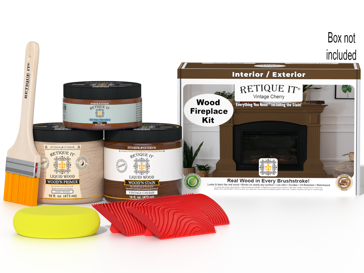 Retique It Fireplace Wood'n Finish Kit for full fireplace in Vintage Cherry stain, showing the stained wood and finishing tools.
