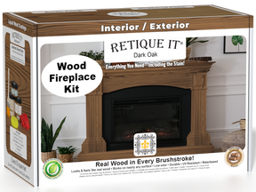 Retique It® Wood'n Finish Kit for fireplaces in dark oak stain, shown with stain bottles and application tools for full fireplace finishing.