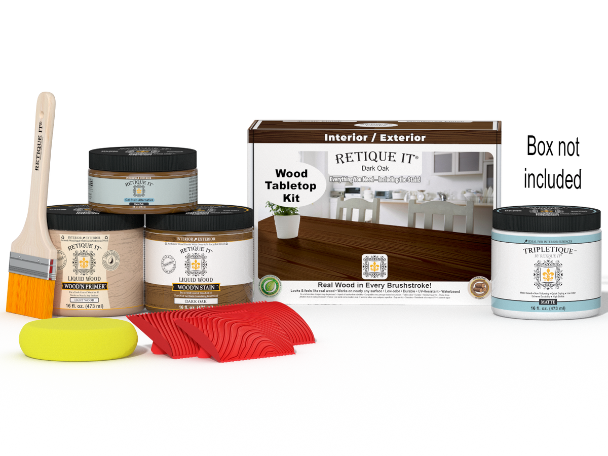 Retique It® Wood'n Finish Kit Double Size in Dark Oak stain, showing stain bottles and application tools on a tabletop.