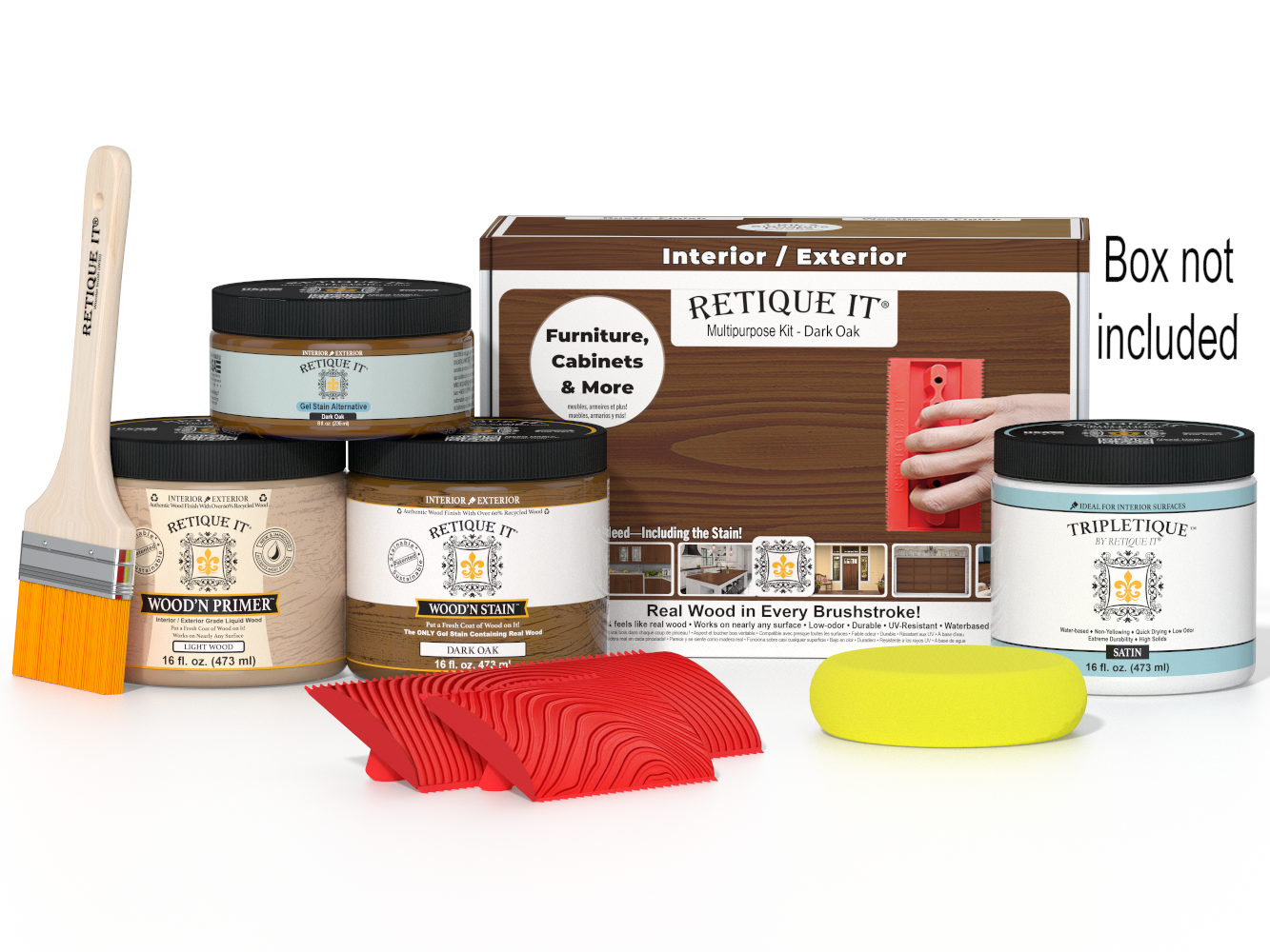 Retique It® Wood'n Finish Kit in Dark Oak, interior top coat for multi-purpose wood finishing, shown in box with applicator tools.