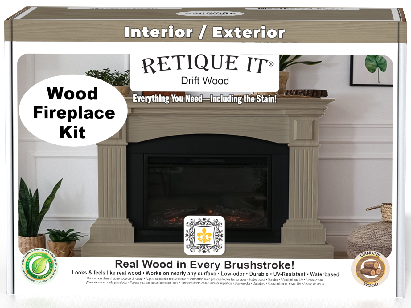 Retique It Fireplace Wood'n Finish Kit in Drift Wood stain, full fireplace with wood-tone stain and finishing tools.