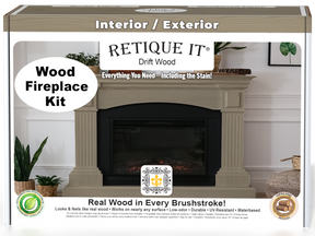 Retique It Fireplace Wood'n Finish Kit in Drift Wood stain, full fireplace with wood-tone stain and finishing tools.