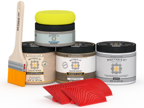 Retique It® Wood'n Finish Kit in Drift Wood, medium size, with matte exterior top coat, showing wood finish application and tools.