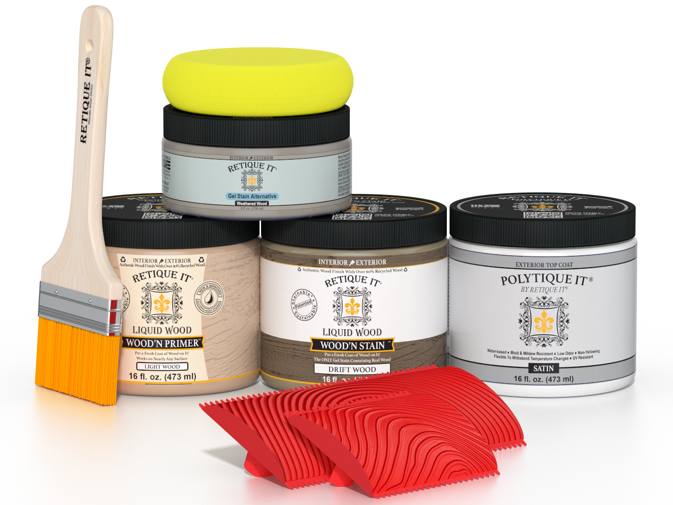 Retique It® Wood'n Finish Kit in Drift Wood, medium size, with satin exterior top coat, showcasing wood finish and application tools.