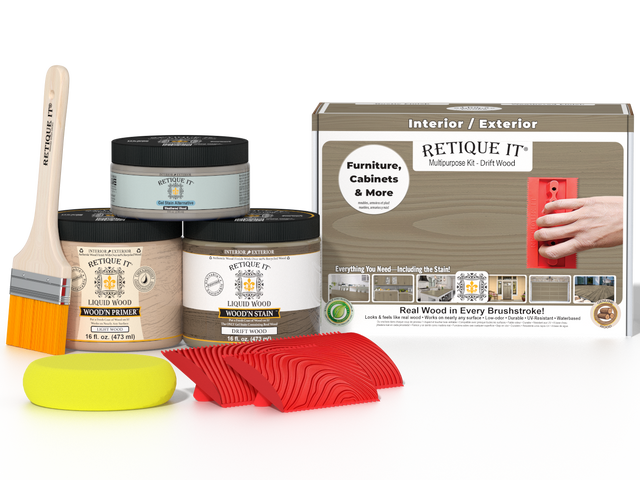 Retique It Wood'n Finish Kit in Drift Wood, medium-sized multi-purpose kit for wood finishing projects with natural wood tones.