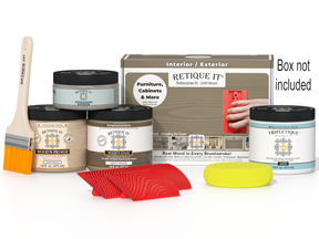 Retique It® Wood'n Kit in Drift Wood for interior top coat application, includes wood finish supplies in a compact box.