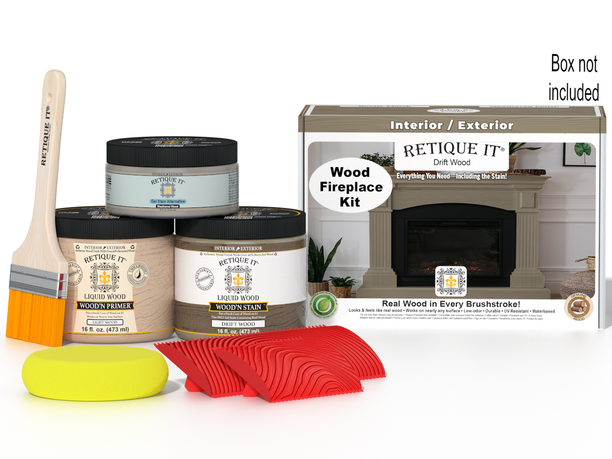 Retique It Fireplace Wood'n Finish Kit in Drift Wood stain, featuring a full fireplace with wood-tone stain and finishing supplies.