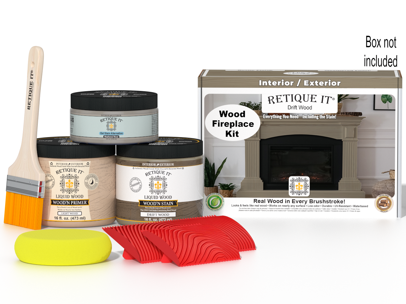 Retique It Fireplace Wood'n Finish Kit in Drift Wood stain, featuring a full fireplace with wood-tone stain and finishing supplies.