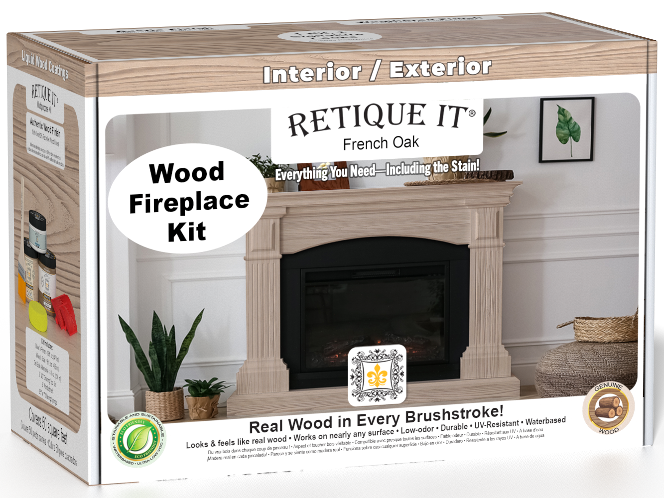 Retique It Fireplace Wood'n Finish Kit in French Oak stain, full fireplace application, showcasing wood stain and finishing tools.