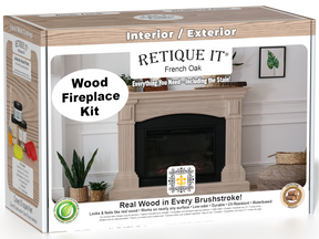 Retique It Fireplace Wood'n Finish Kit in French Oak stain, full fireplace application, showcasing wood stain and finishing tools.