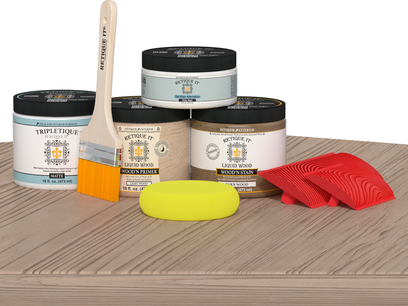 Retique It® Wood'n Kit in French Oak for interior wood finishing, shown with the top coat application on a table.