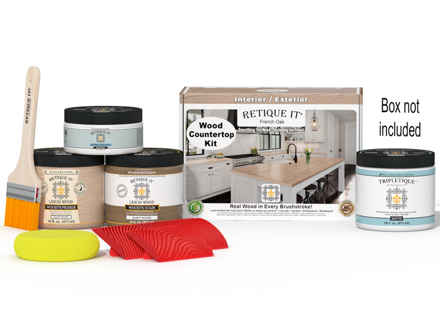 Retique It French Oak stain kit for kitchen island countertops, includes staining tools and instructions.