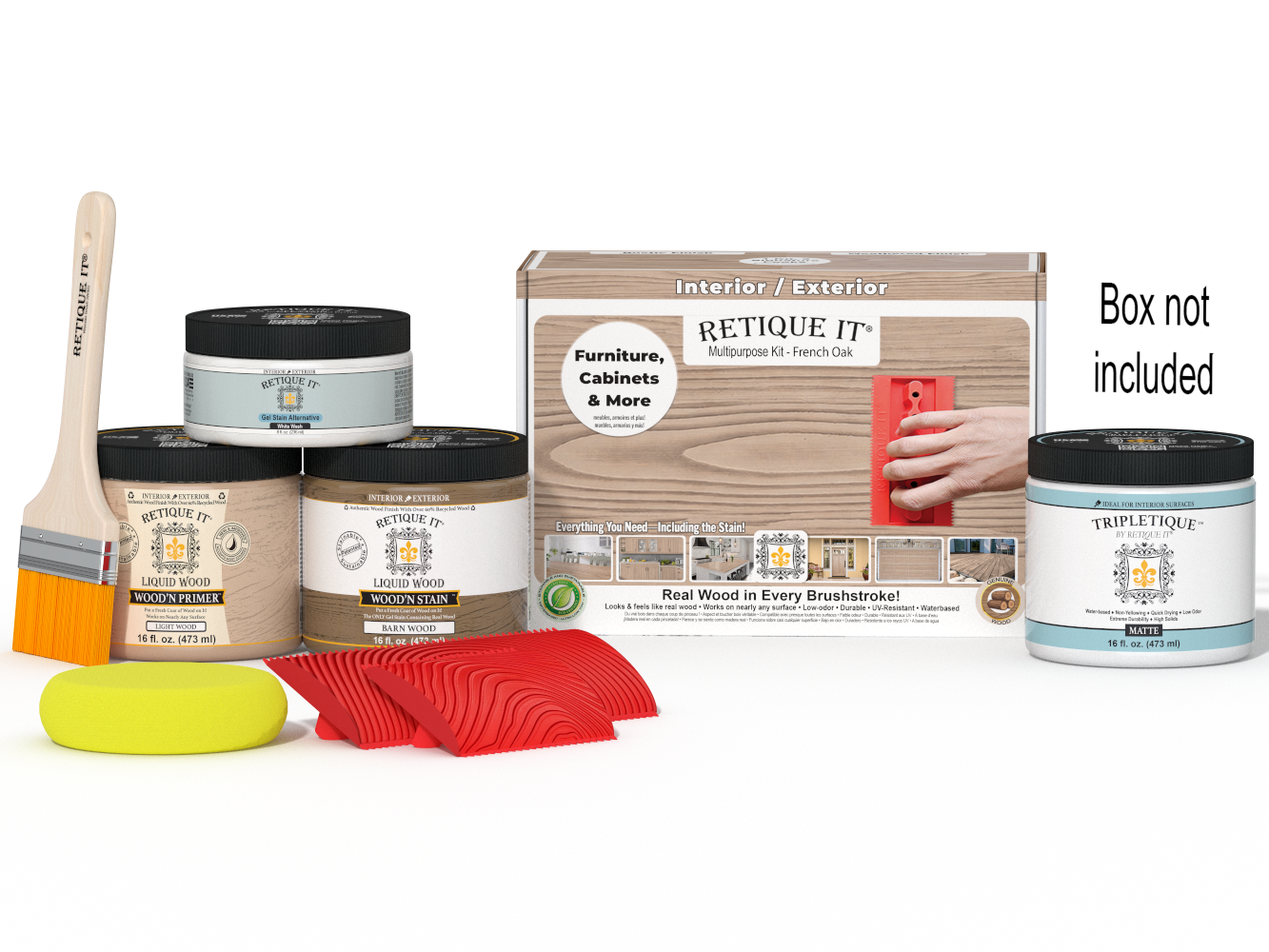 Retique It® Wood'n Kit Medium French Oak interior top coat with applicator brush and finishing supplies in a box.