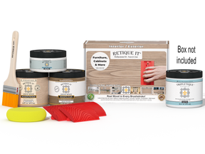 Retique It® Wood'n Kit Medium French Oak interior top coat with applicator brush and finishing supplies in a box.
