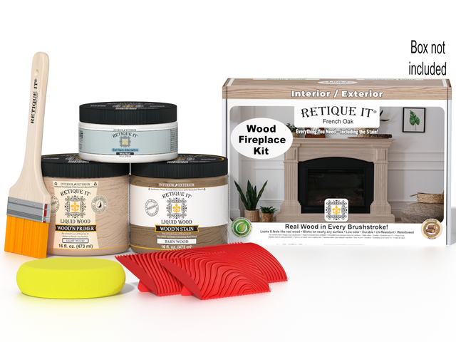 Retique It Fireplace Wood'n Finish Kit in French Oak stain for full fireplaces, showing wood stain application on a fireplace surface.