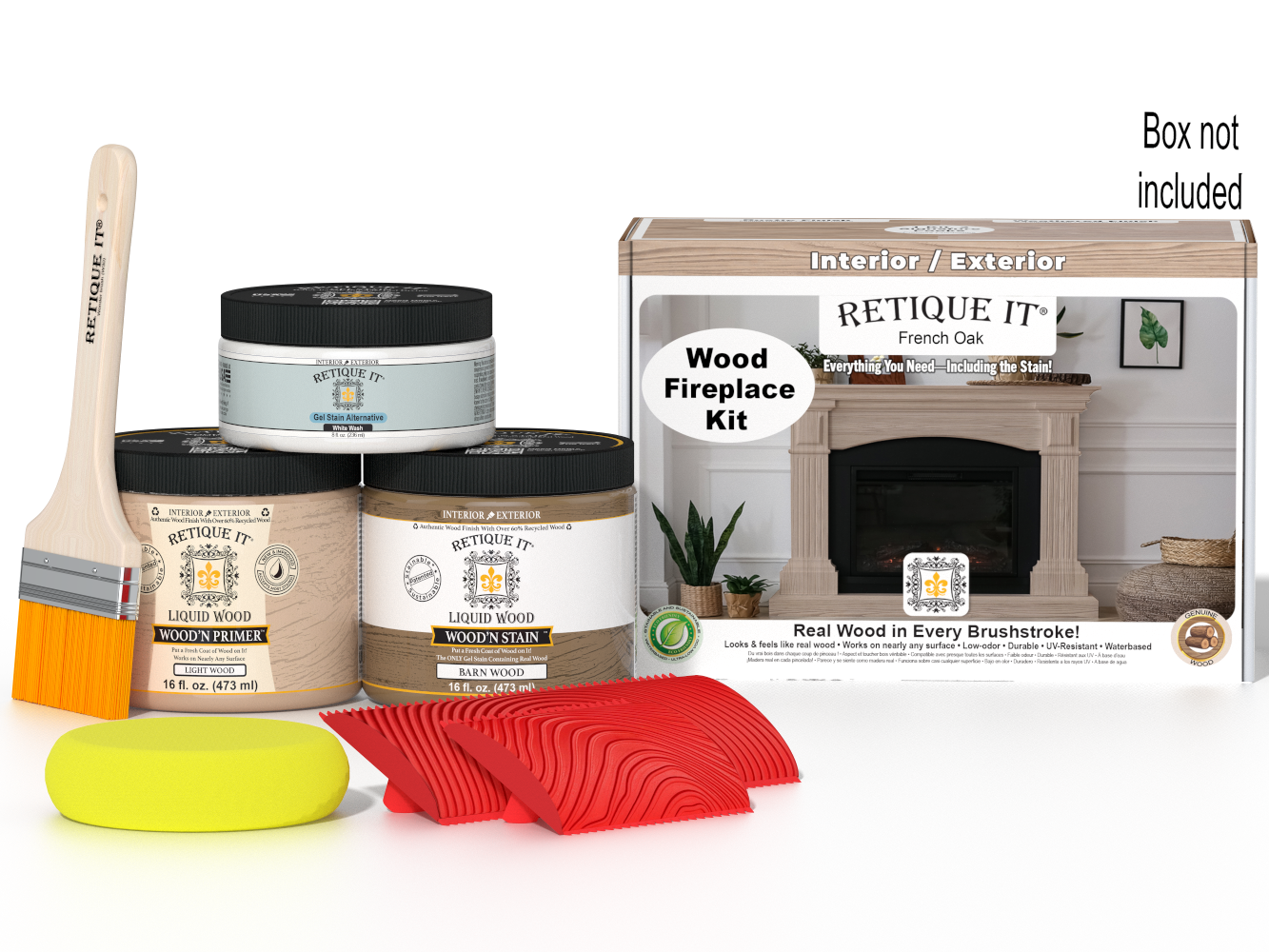 Retique It Fireplace Wood'n Finish Kit in French Oak stain, includes full fireplace stain set with wood finish products.