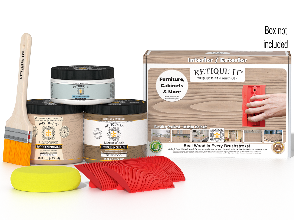 Multi-purpose Wood'n Kit in French oak by Retique It® showing a box with wood finish supplies for furniture restoration.