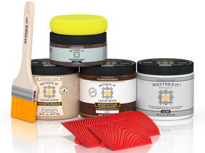 Glossy Java-colored wood finish kit by Retique It® for exterior top coating, includes wood treatment and application tools.
