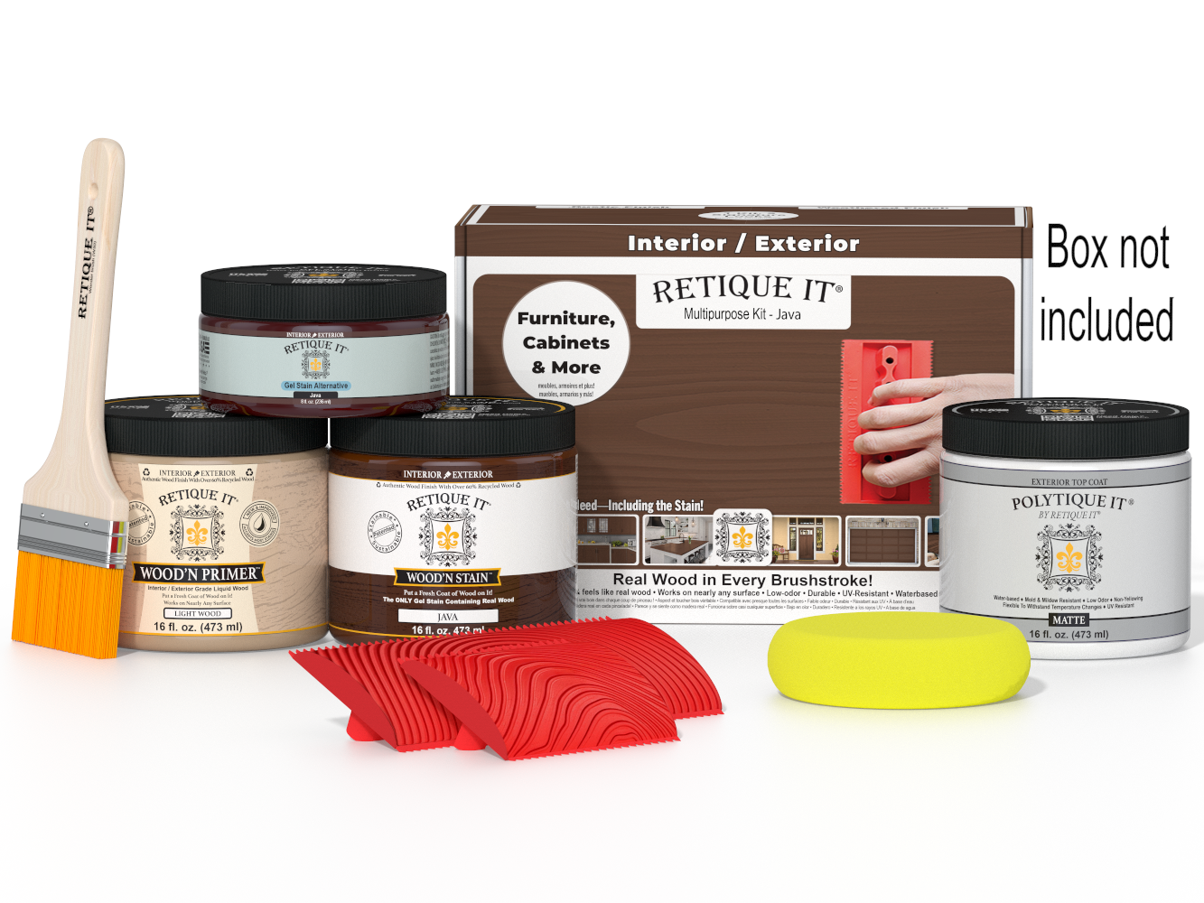 Retique It® Wood'n Finish Kit in Java, medium-sized exterior top coat kit with brushes and tools for wood finishing projects.