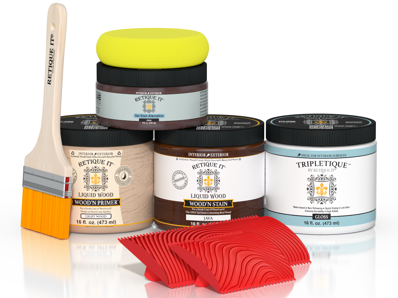 Gloss Java wood finish in a Retique It® Wood'n Kit, interior top coat, with natural wood grain and finishing details.