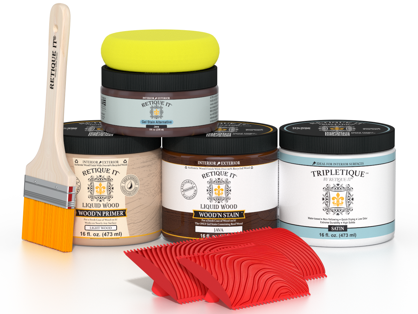 Multi-purpose Wood'n Kit Java interior top coat by Retique It® with satin finish, includes wood finish and application tools.