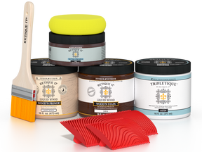 Multi-purpose Wood'n Kit Java interior top coat by Retique It® with satin finish, includes wood finish and application tools.