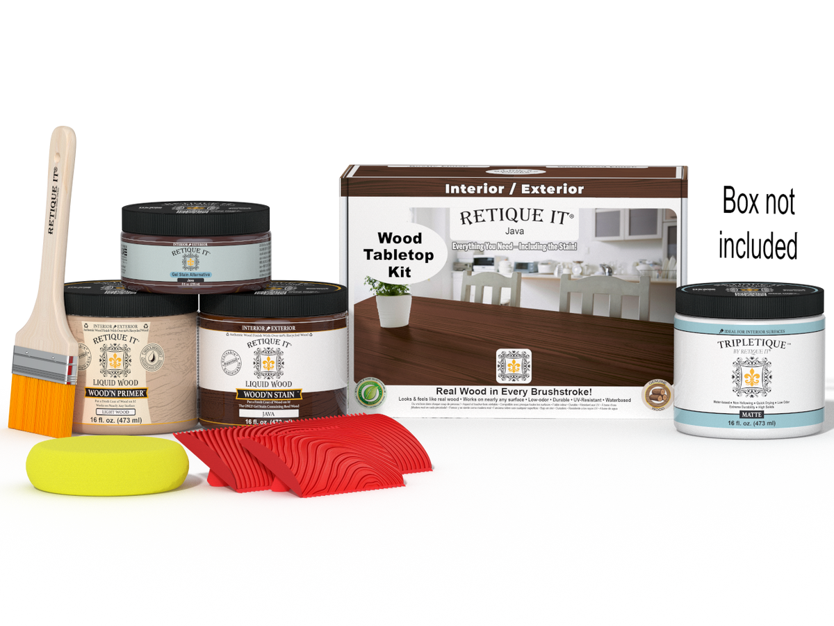 Retique It® Wood'n Finish Kit Double Size Java stain for tabletops, includes stain bottles and application tools.