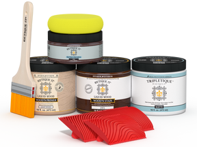 Double-sized Java wood stain kit from Retique It® for tabletop finishing, featuring a wood stain and finishing tools.