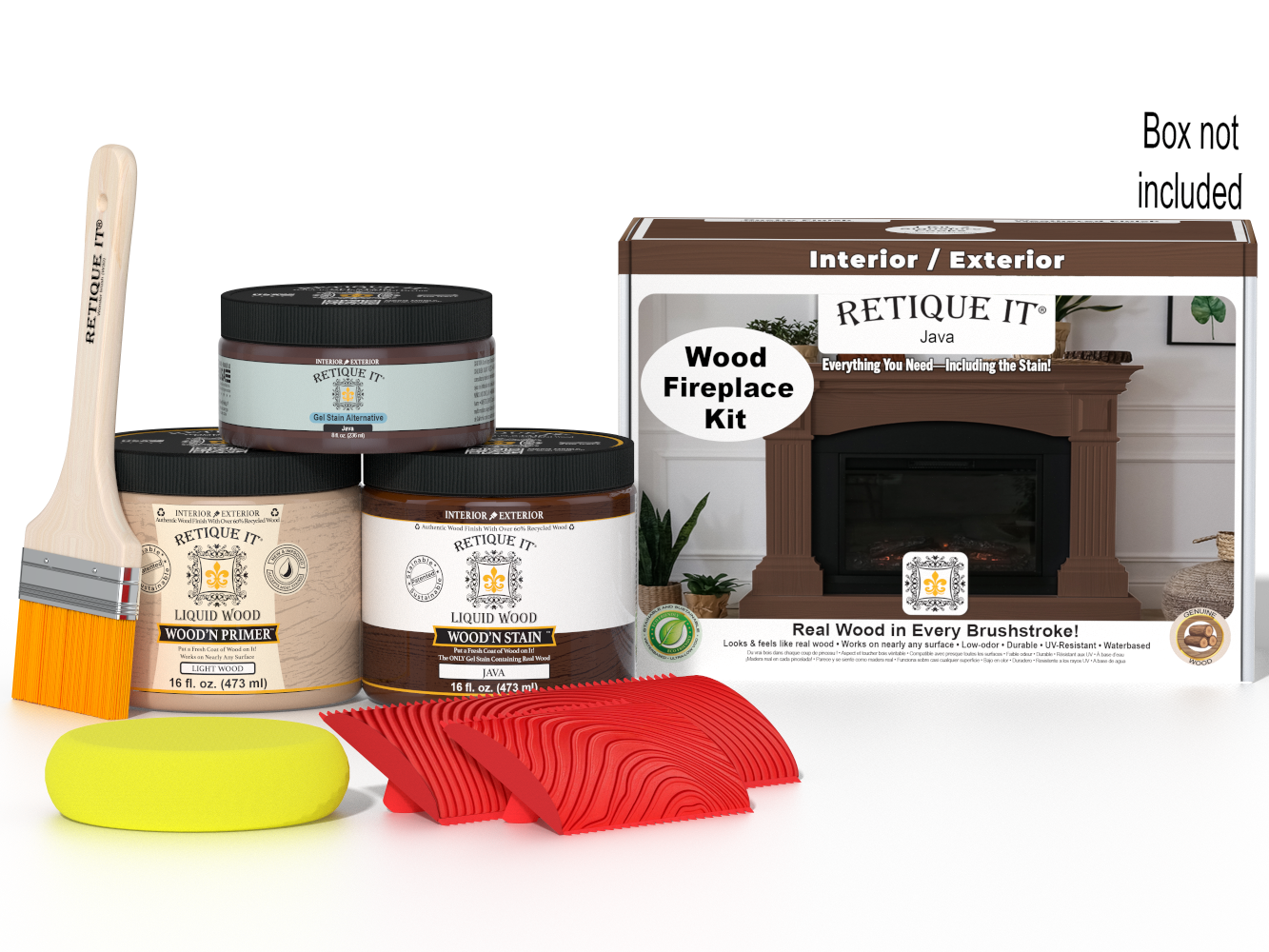 Retique It® Fireplace Wood'n Finish Kit in Java stain, featuring a full fireplace with stain application and finishing materials.