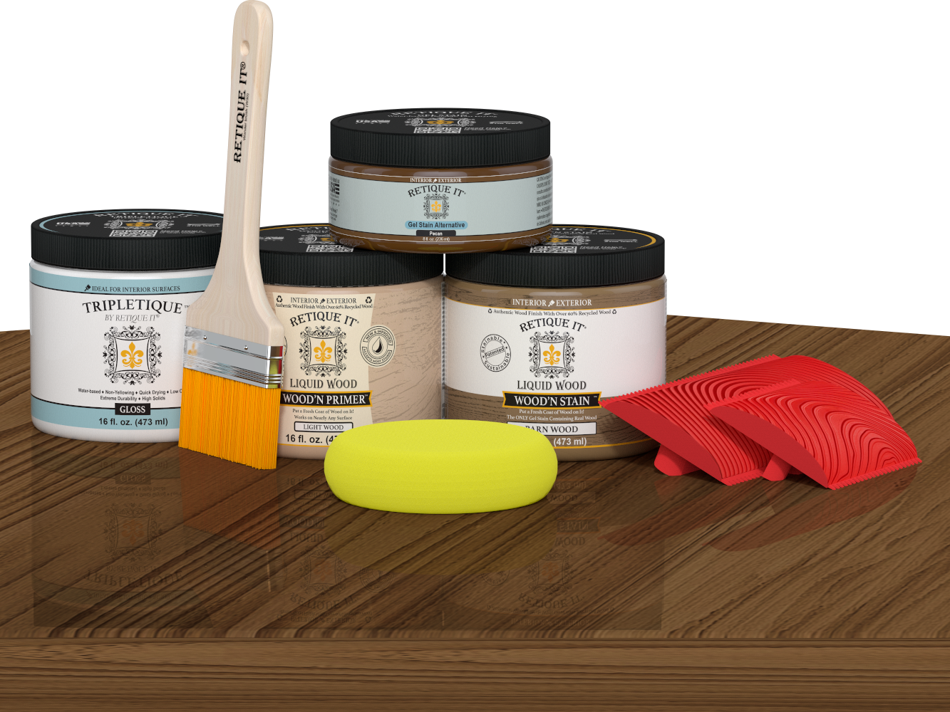 Retique It® Multi-purpose Wood'n Kit in Modern Walnut for interior topcoat, featuring wood finish and application tools on a table.