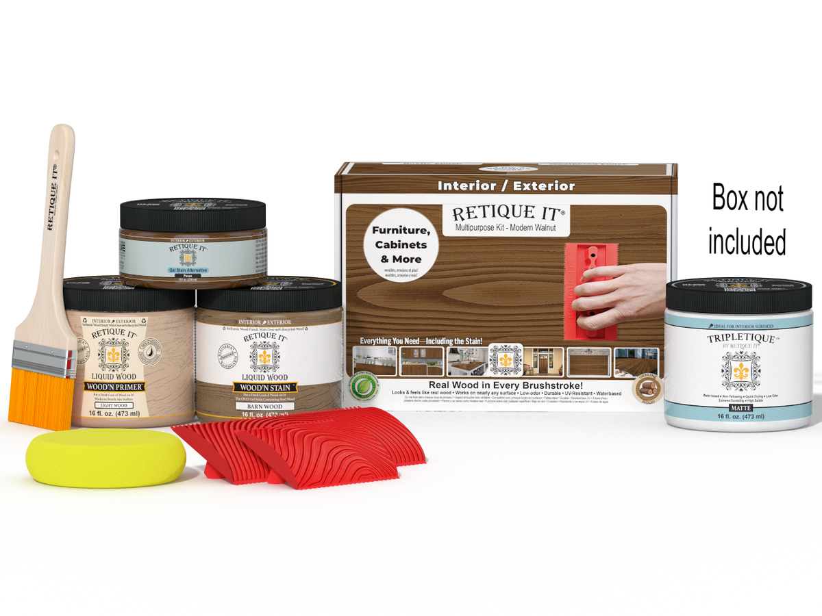 Retique It® Multi-purpose Wood'n Kit in Modern Walnut with interior topcoat, includes tools and finish for wood projects.