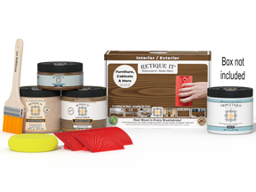 Retique It® Multi-purpose Wood'n Kit in Modern Walnut with interior topcoat, includes tools and finish for wood projects.