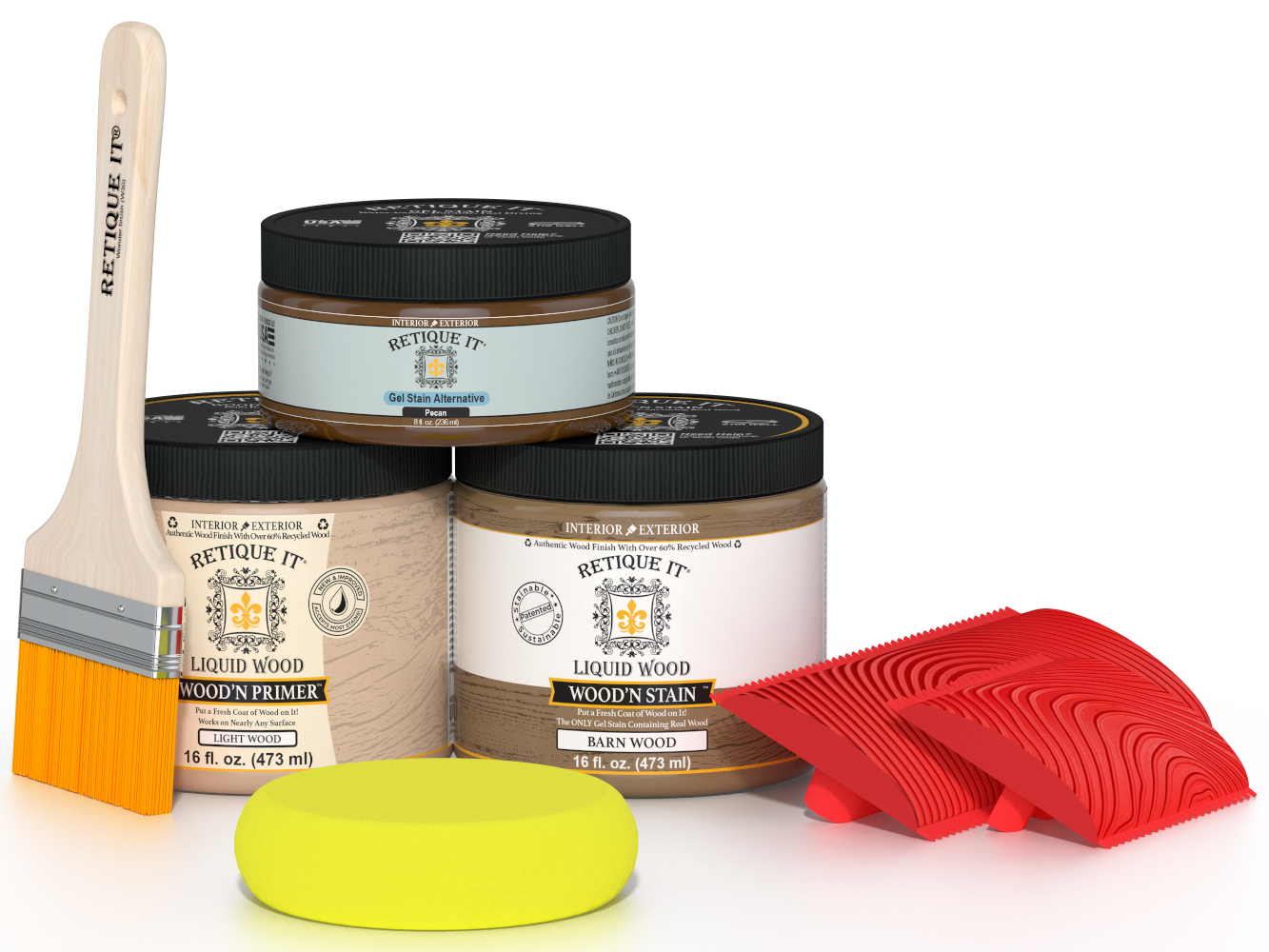 Retique It® Modern Walnut Wood Kit with primer, stains, brush, yellow sponge, and red graining tools.