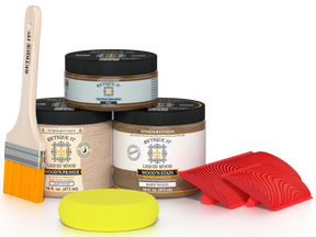 Retique It® Modern Walnut Wood Kit with primer, stains, brush, yellow sponge, and red graining tools.