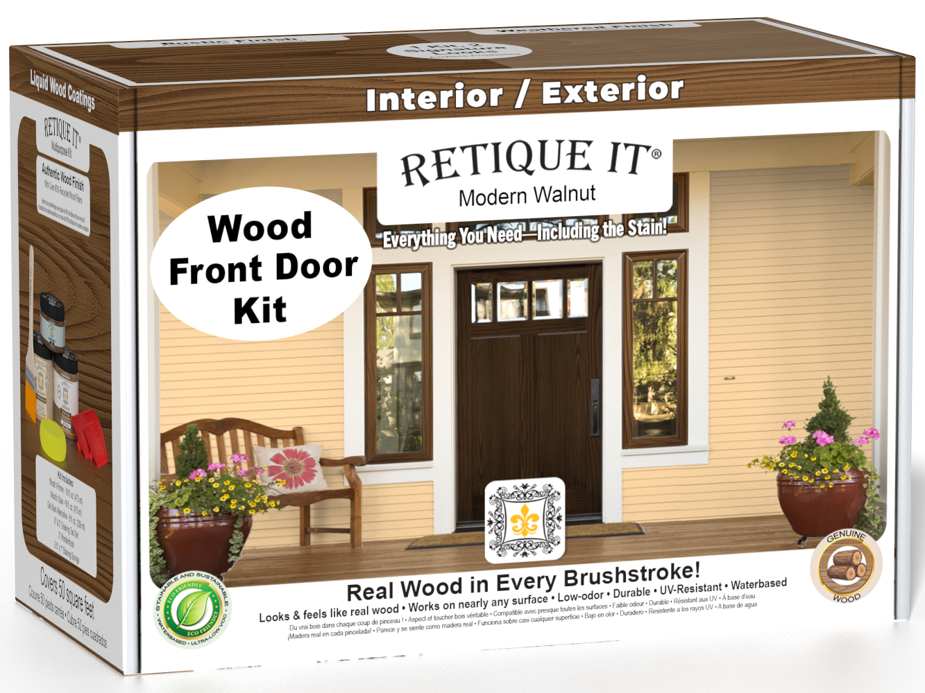 Retique It® Modern Walnut Wood Front Door Kit packaging featuring a dark wood-look entry door.