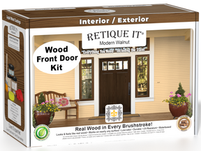 Retique It® Modern Walnut Wood Front Door Kit packaging featuring a dark wood-look entry door.