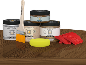 Retique It® Modern Walnut Wood Kit with primer, stains, gloss topcoat, brush, yellow sponge, and red graining tools.