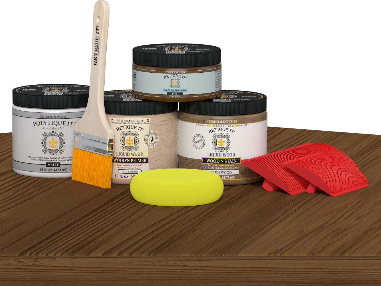 Retique It® Modern Walnut Wood Kit with primer, stains, matte topcoat, brush, yellow sponge, and red graining tools.