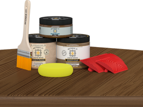 Retique It® Modern Walnut Wood Kit with primer, stains, brush, yellow sponge, and red graining tools.