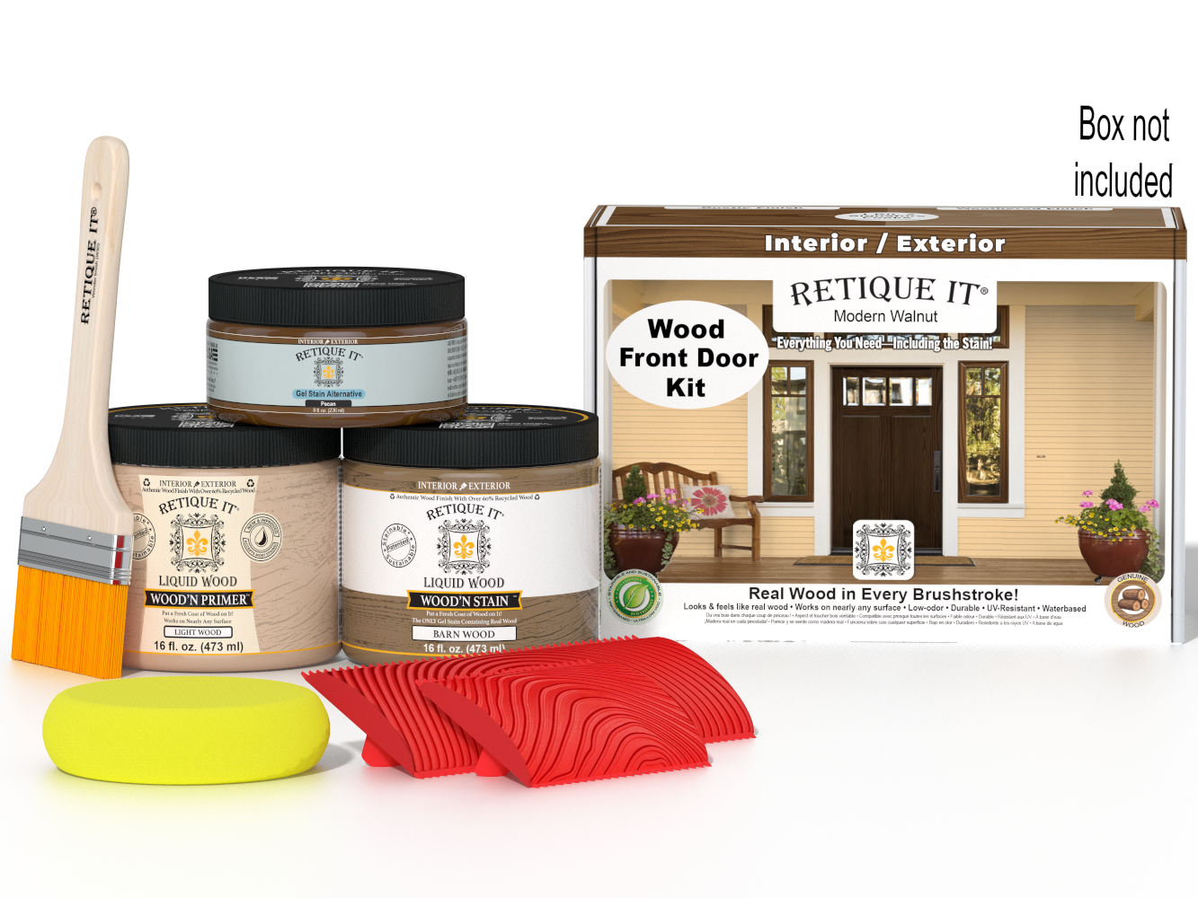 Retique It® Modern Walnut Wood Front Door Kit with primer, stains, brush, yellow sponge, red graining tools, and packaging.