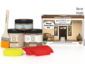 Retique It® Modern Walnut Wood Front Door Kit with primer, stains, brush, yellow sponge, red graining tools, and packaging.
