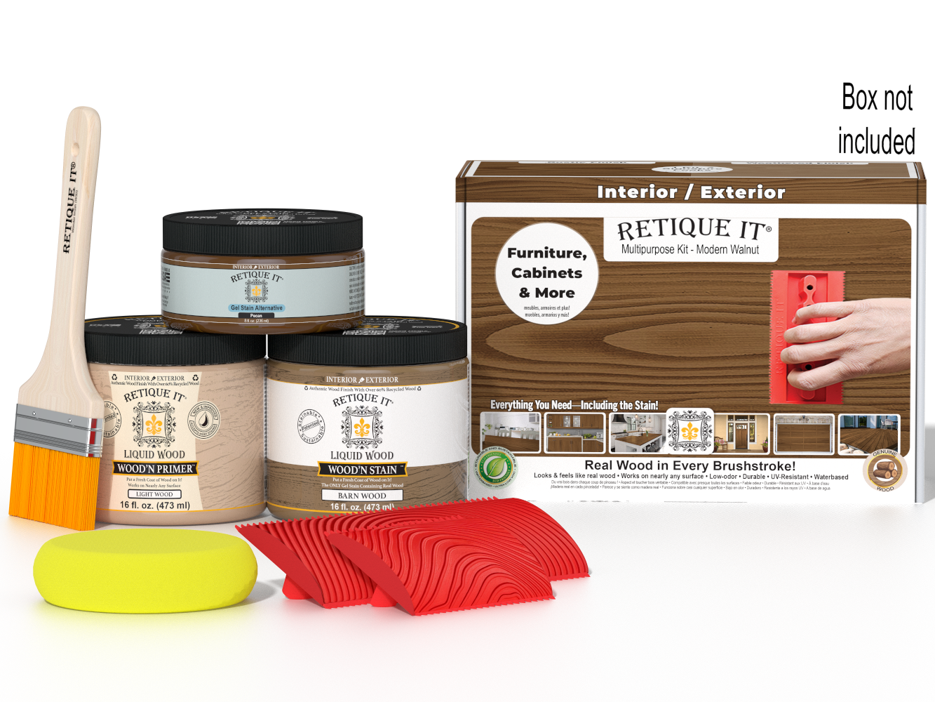 Retique It® Wood'n Finish Kit in Modern Walnut for multi-purpose wood finishing, includes box with tools and supplies.