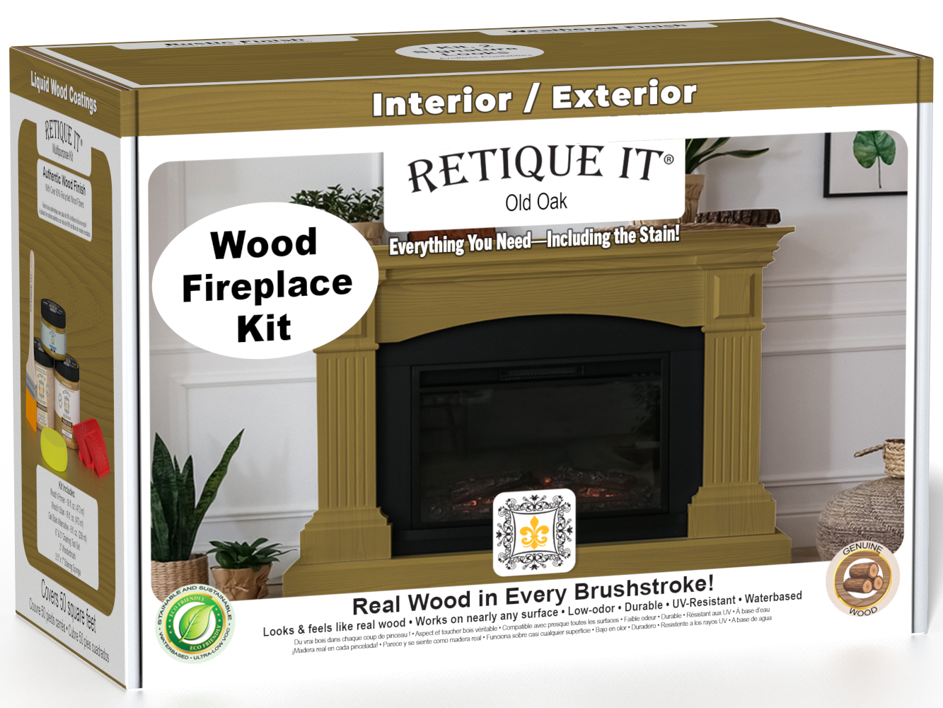 Retique It® Fireplace Wood'n Finish Kit in Old Oak stain, featuring wood stain bottles and application tools for full fireplace finishing