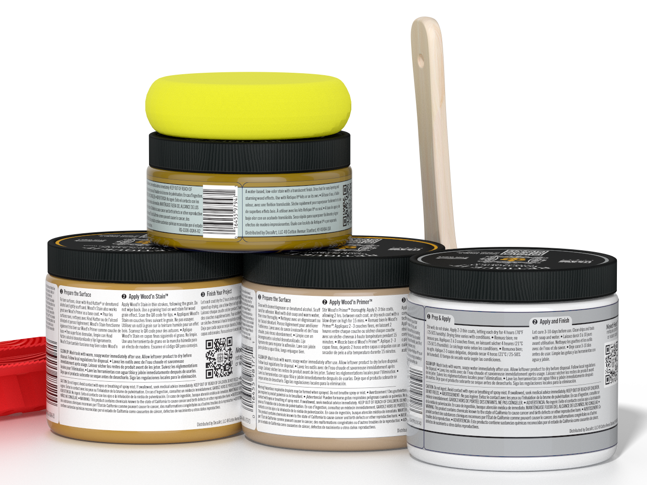 Retique It® Wood'n Finish Kit in Old Oak, multi-purpose exterior top coat with a wooden palette and back view detail.