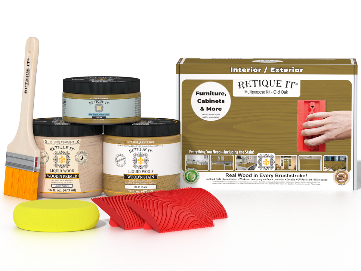 Retique It® Wood'n Finish Kit in Old Oak, medium-sized multi-purpose wood finishing kit with brushes and stain samples.