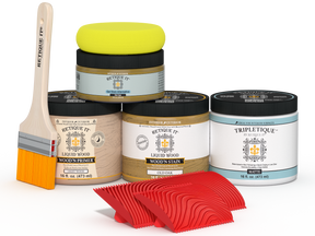 Retique It® Wood'n Kit in Old Oak with interior top coat, featuring matte finish on wood surface and application tools.